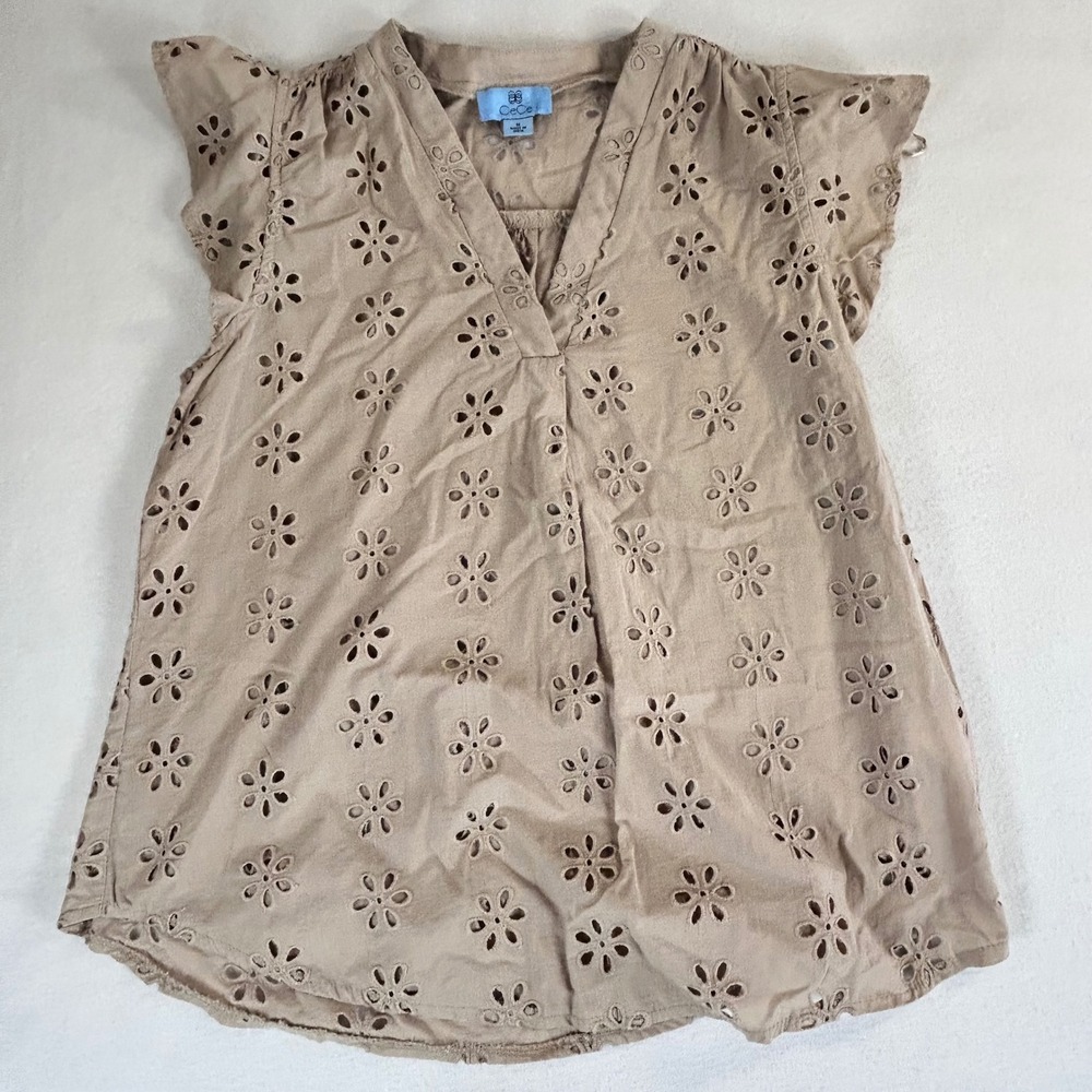 CeCe Tan Floral Eyelet Flutter Sleeve V-Neck Cotton Blouse Top Womens Medium
